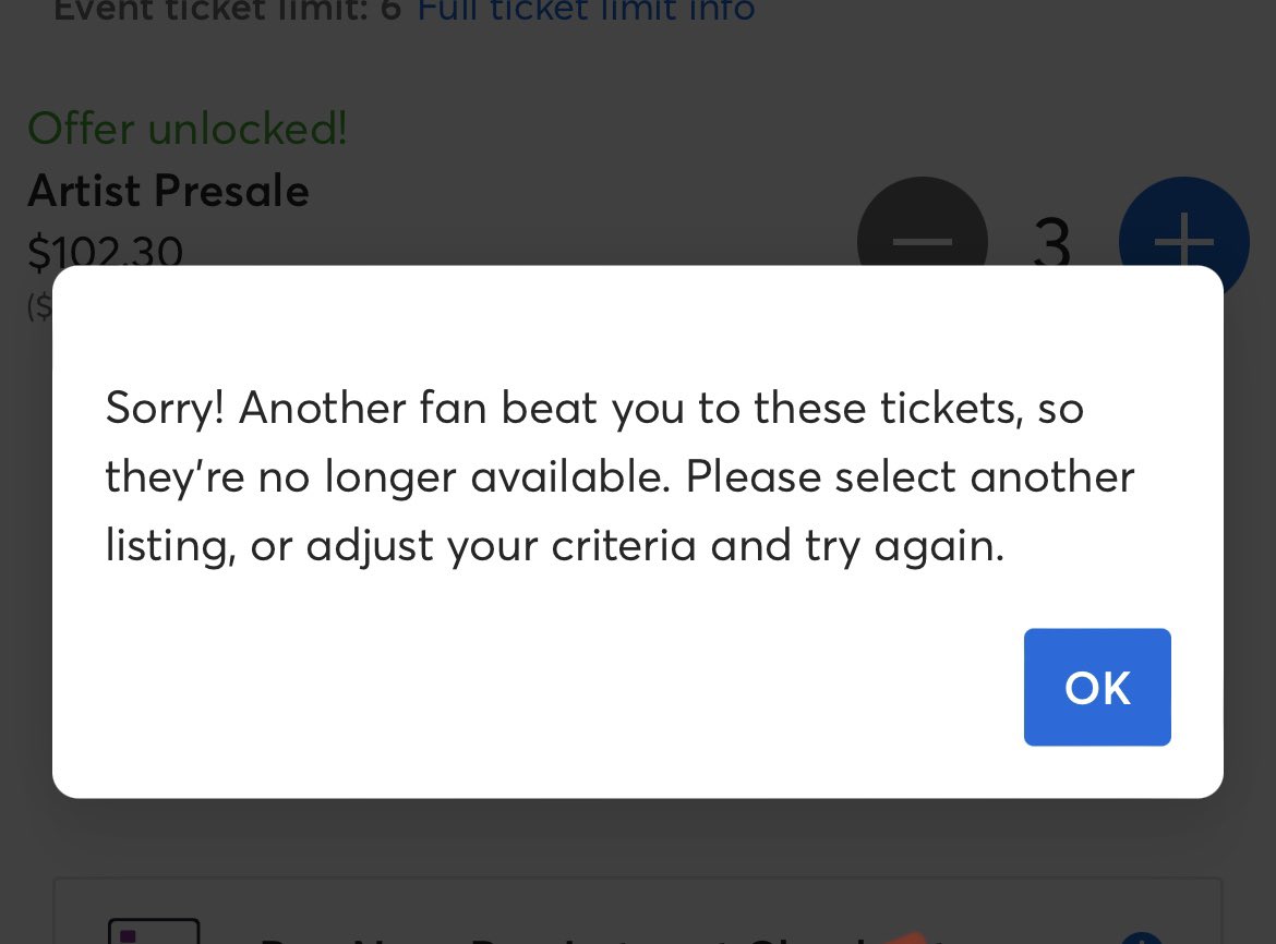 AryeDworken's tweet photo. That @xboygeniusx presale went totally smooth and by smooth, I mean this happened 37 times. Sucks being a dad trying to take his girls to a rock show in 2023. @Ticketmaster you suck. https://t.co/WwXvxfT0eu