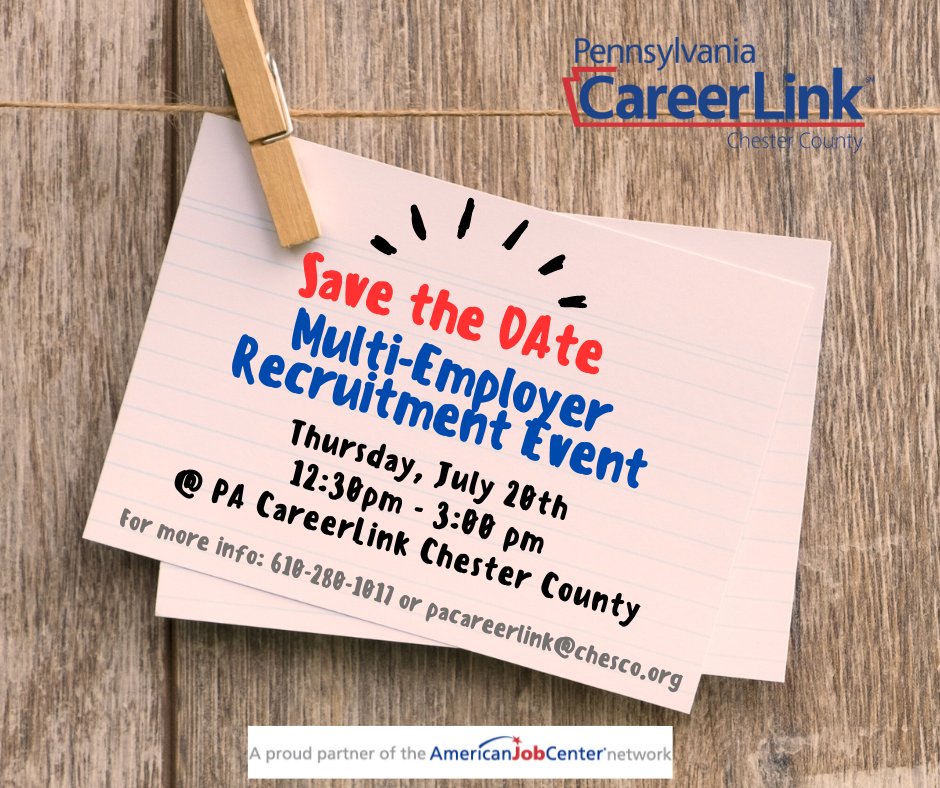 July 2023 Recruitment Event
Register at: tinyurl.com/chescojob  

Confirmed Employers: 
✅CCRES
✅ESS
✅Collegium Charter School
✅PA Dept of Corrections
✅O.J. Roberts School
✅Hilton Garden Inn
✅Main Line Health
✅The Watermark at Bellingham