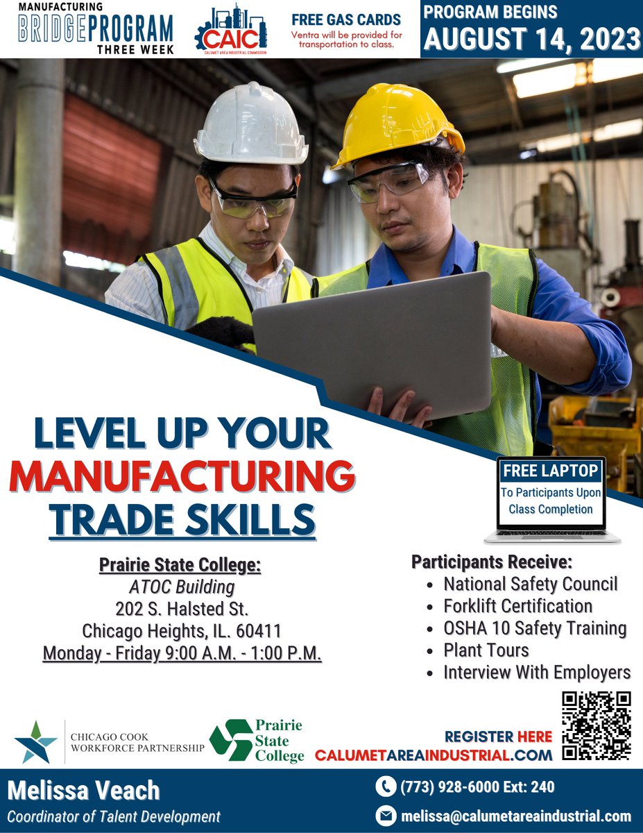 And we're back!
Ready to #LevelUp your manufacturing skills?
Register for our 🌟FREE🌟 3 week manufacturing skills program starting Monday, August 14th, 2023
Click here for more information: calumetareaindustrial.com/bridge-program
#officialcaic #manufacturing
