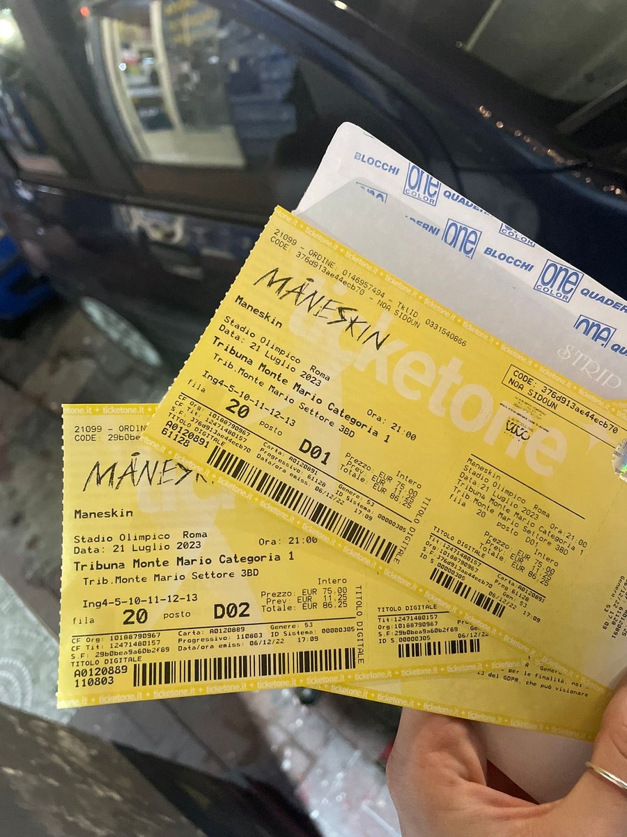 0outofcontrol's tweet photo. Vendo due biglietti (anche separatamente) per i Maneskin allo Stadio Olimpico di Roma il 21 Luglio 😔 Non posso più andarci approfittatene voiiii. Allego foto dei biglietti, con info posti e prezzo ma scrivetemi se interessati <3333
#Maneskin #vendo https://t.co/NrKwf3WAEj