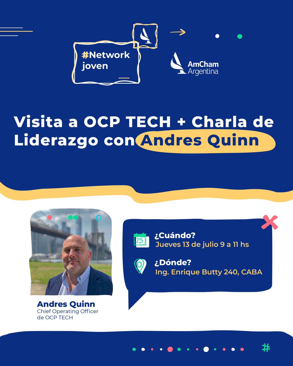 SomosOCPTECH's tweet photo. Desde #OCPTECH acompañaremos el próximo #NetworkJoven de @AmchamArgentina.
@AndresQuinn75, de OCP TECH, estará inspirando y potenciando a los participantes que visitarán las oficinas de nuestra compañía y tendrán un mano a mano acerca del #Liderazgo en una empresa tech. https://t.co/di740HYSz3