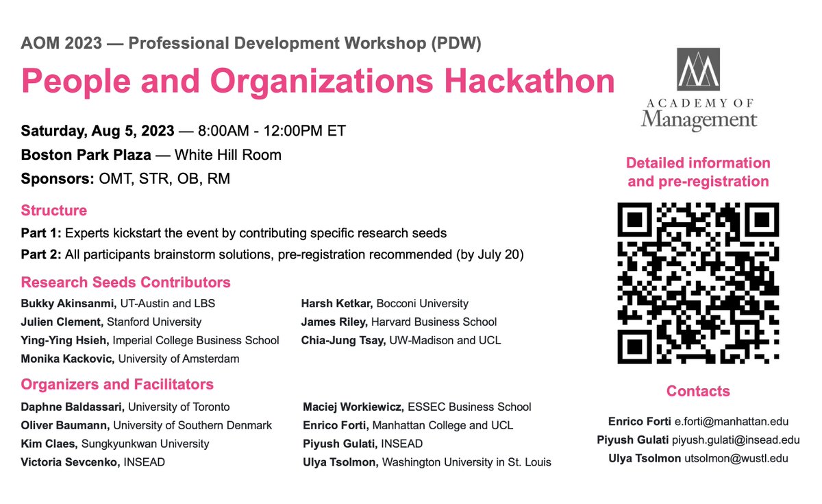 fortienrico's tweet photo. Join us for the #AOM "People and Organizations Hackathon" (#PDW session 287) on Sat Aug 5 2023 8AM - 12PM ET. Pre-registration recommended, but all are welcome to attend the entire event without pre-registration @AOMConnect @AOM_STR @AOM_OB @RMD_AOM - info https://t.co/hv1qCrWw2Y https://t.co/QdKBZRbSIe