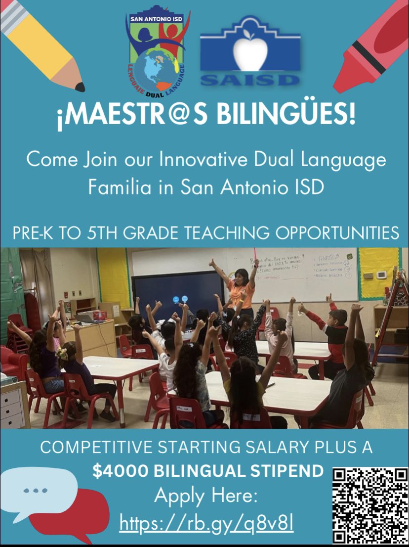 SAISD Curriculum, Instruction, & Assessment (@saisd_ci) on Twitter photo Maestr@s bilingües: SAISD is looking for you! Did you know all our elementary schools offer the Dual Language program & we have two 100% wall-to-wall DL PreK-8 Academies?! We offer a $4,000 stipend & the TEA Master Teacher Initiative! Apply today to join our team <a href="/SAISDBilingual/">Dual Language , ESL & Migrant, SAISD</a>! Maestr@s bilingües: SAISD is looking for you! Did you know all our elementary schools offer the Dual Language program & we have two 100% wall-to-wall DL PreK-8 Academies?! We offer a $4,000 stipend & the TEA Master Teacher Initiative! Apply today to join our team <a href="/SAISDBilingual/">Dual Language , ESL & Migrant, SAISD</a>!