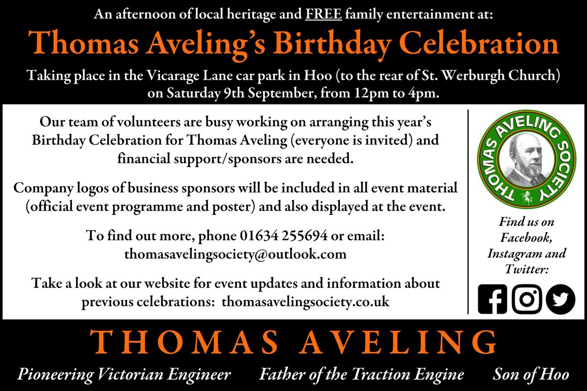 tavelingsociety's tweet photo. We're busy preparing for this year's Thomas Aveling Birthday Celebration (a celebration of local heritage), on Sat 9th Sept. We're looking for sponsors, so far we have Port Werburgh, Homesafe Travel and Village Voices Publishing! #thomasaveling #avelingandporter https://t.co/OYJWOyWcCh