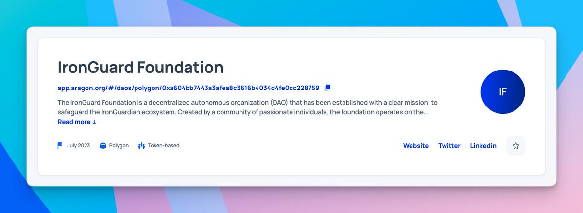 IronGuard Foundation ( 💜 , 🪙 )

<a href="/IronGuardians/">IronGuardian</a>

Blockchain-based supply chain solution specifically designed to address the traceability challenges in the steel industry.

app.aragon.org/#/daos/polygon…