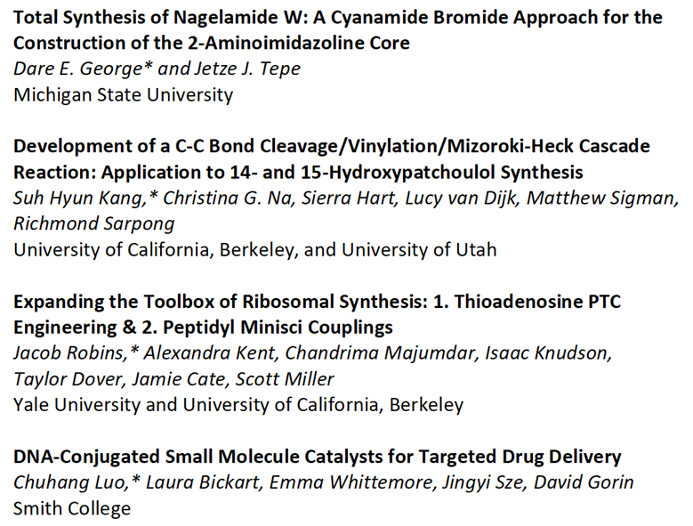 Orgmet_ACS's tweet photo. We are happy to share with you more poster prize recipients from #NOS2023, sponsored in part by @Orgmet_ACS with @ACSorganic. Congrats to Dare, Suh Hyun, Jacob, and Chuhang. Check out all the posters in the NOS program book: https://t.co/HMKHMxp3ip. https://t.co/uc7UWERgB5