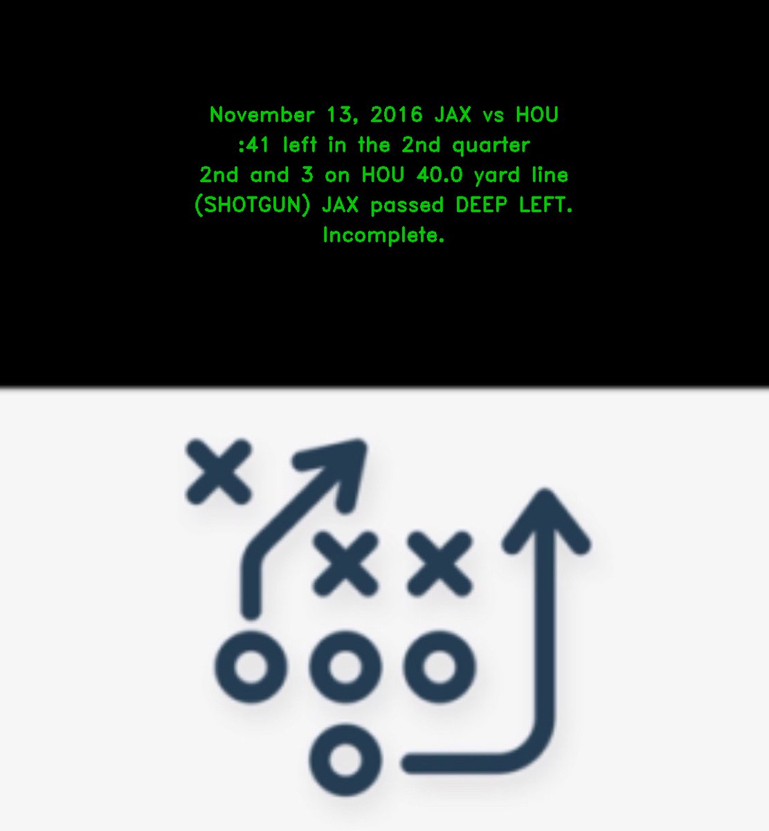 NFLDataBot's tweet photo. @espn November 13, 2016 JAX vs HOU
:41 left in the 2nd quarter
2nd and 3 on HOU 40.0 yard line
(SHOTGUN) JAX passed DEEP LEFT.
Incomplete.

#NFL #WeAreTexans #DUUUVAL https://t.co/ZRrEQGI5ql
