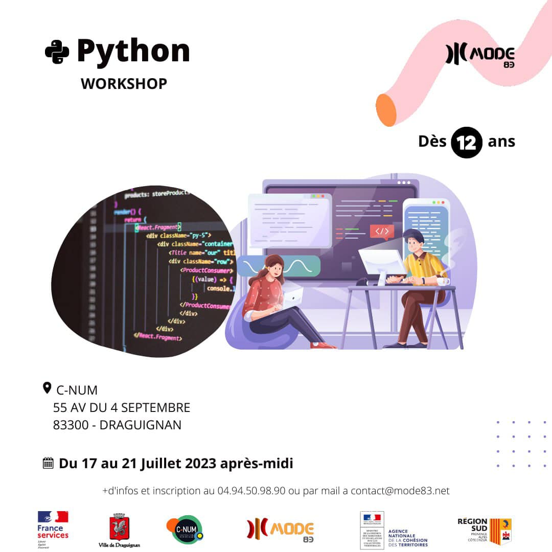 Rejoignez-nous pour notre #Workshop gratuit et découvrez l’étendue de vos possibilités !
Développez vos compétences en programmation #Python et transformez votre potentiel créatif en réalité technologique. 🖱️

+ d'infos sur : urlz.fr/mGD8