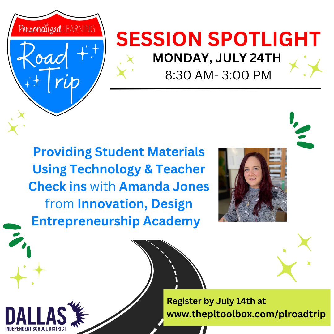 PersonalizeDISD's tweet photo. Don't miss your chance to learn with @ScienceJones00 about ensuring students have access to materials with tech and check ins at #PLRoadTrip! Register by this Friday at https://t.co/ySIjg0OIUM. @IDEA_at_Fannin @TransformDISD https://t.co/uJULhzXJTC