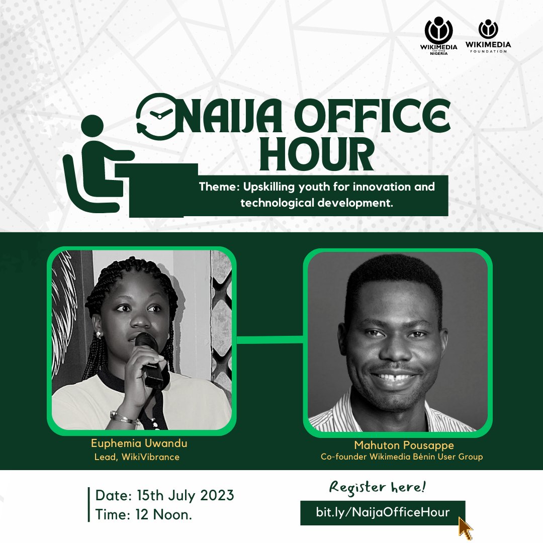 WikimediaNG's tweet photo. Are you ready for the July edition of the Naija office hour? 💃 This month's edition focuses on Upskilling the youth for innovation and technological development. Get ready, it's going to be a blast. ✨✨✨

Did you know, in 2014, the United Nations General Assembly declared July 15th World Youth Skills Day? This is to celebrate the strategic importance of equipping young people with skills for employment, decent work, and entrepreneurship.

In this regard, the organizers of the Naija Office Hour are glad to commemorate World Youth Skills Day with Youth from across the globe to celebrate mission-aligned initiatives, ideas, projects, and the brains behind them in the July edition themed: UPSKILLING YOUTH FOR INNOVATION AND TECHNOLOGICAL DEVELOPMENT.

It promises to be an exciting session centered around youth development and innovation. 

🗒️ Save the date: July 15th, 2023
🕕 Time: 12 noon (WAT)
⏩ Register and secure your seat:
https://t.co/86LYqUCbgn

See you there! 💃🏾💃🏾💃🏾

#naijaofficehour #wugn #july #Wikimedia
