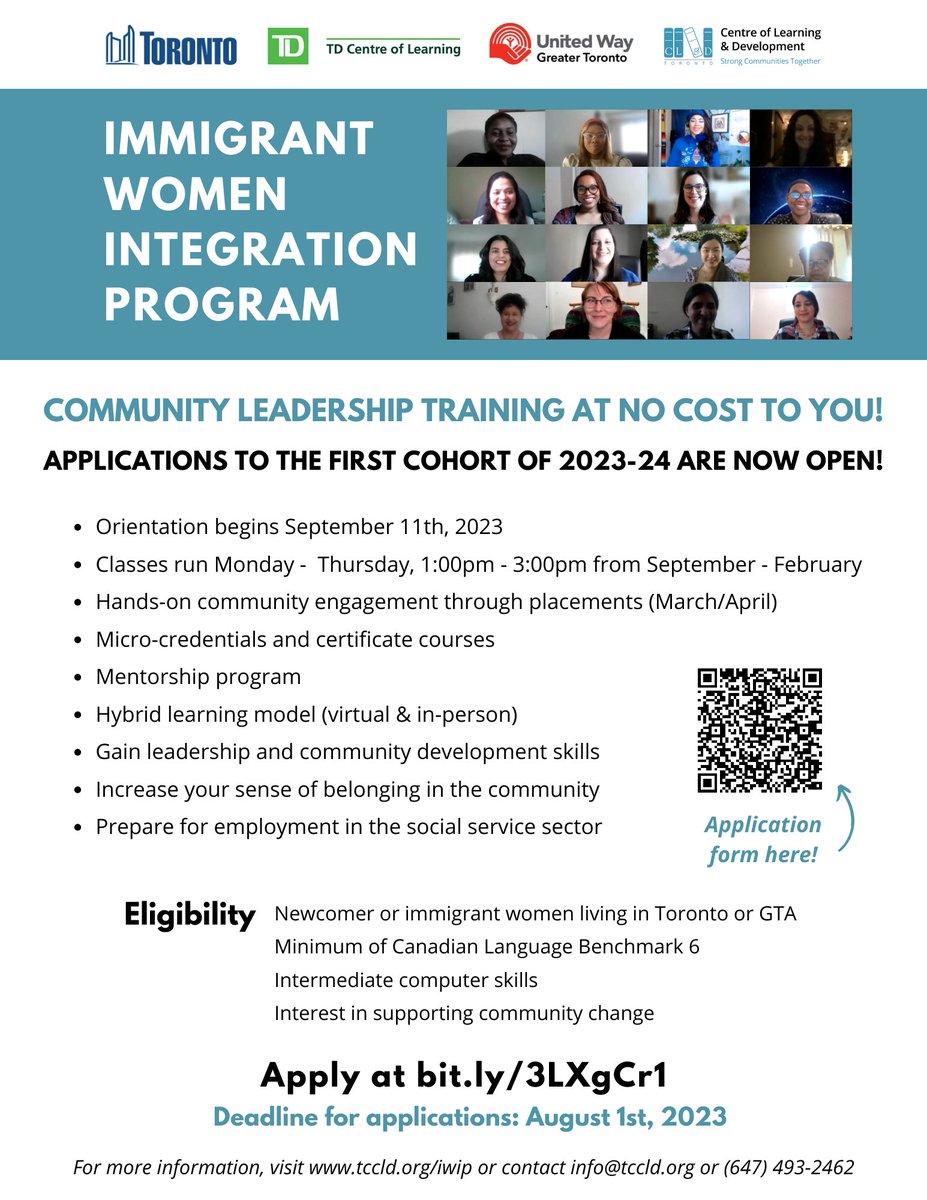torontocld's tweet photo. Registration is still OPEN for the Immigrant Women Integration Program (IWIP)!
IWIP is a FREE leadership training program.
To apply: https://t.co/Hl9Fc36CyR
#strongcommunitiestogether https://t.co/JPWpOvABQM