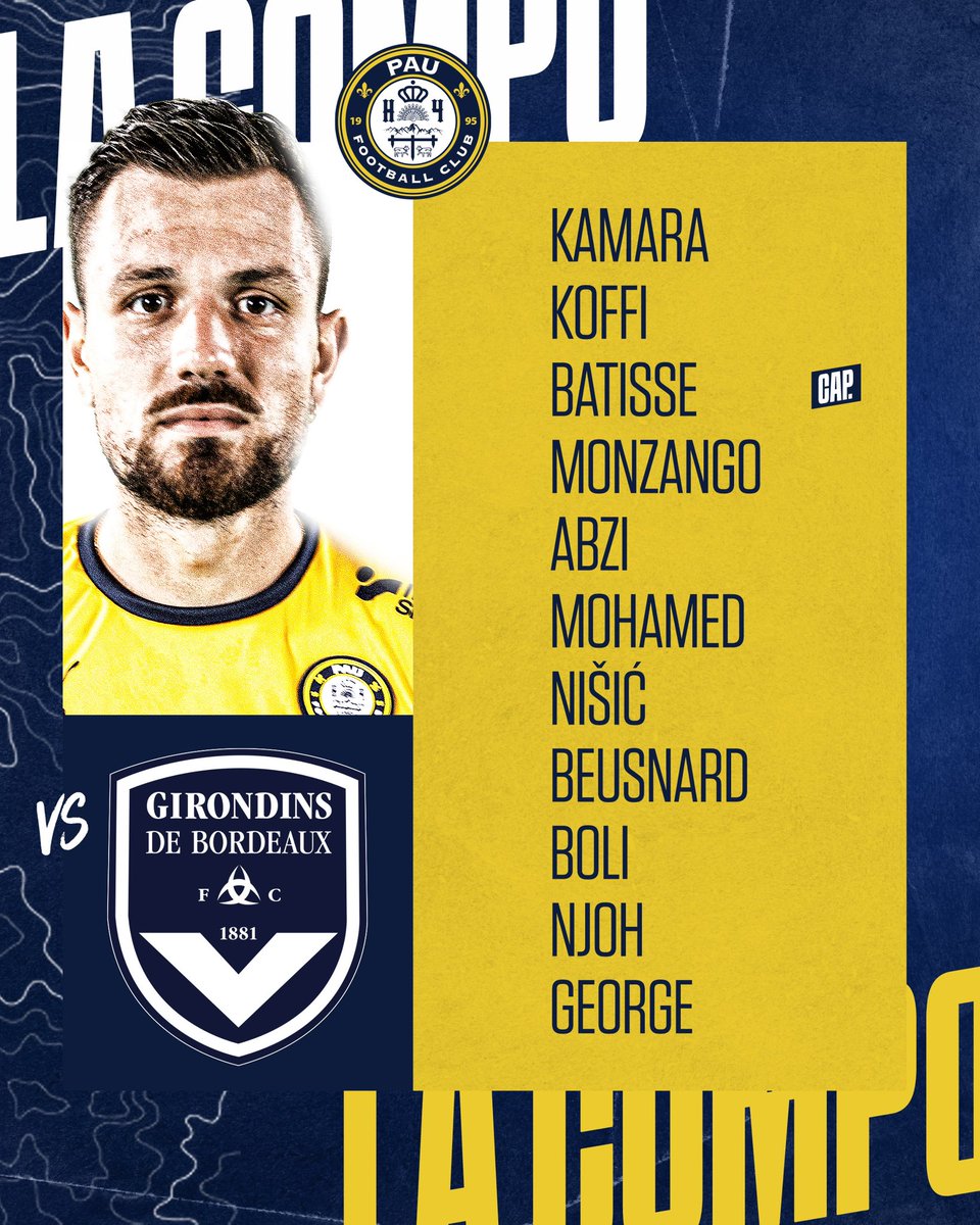 PauFootballClub's tweet photo. La compo pour la 1ère mi-temps de ce #FCBGPAUFC 🟡🔵

#PauFC #FCGBPAUFC https://t.co/OawJKMJ0to
