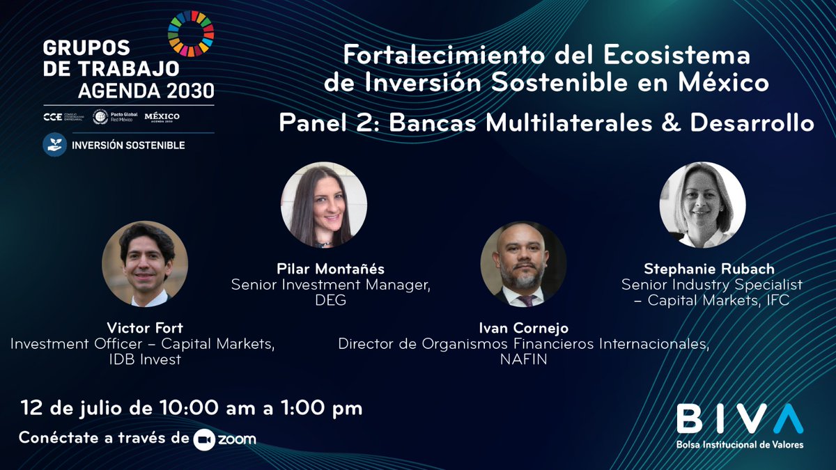 BIVAMX's tweet photo. #Hoy no te pierdas el #webinar sobre el «Fortalecimiento del Ecosistema de Inversión Sostenible en México», contaremos con la participación de Victor Fort,  Investment Officer – Capital Markets, @BIDInvest, Pilar Montañés, Senior Investment Manager, DEG, Ivan Cornejo, Director de Organismos Financieros Internacionales, @NafinOficial, y Stephanie Rubach, Senior Industry Specialist – Capital Markets, @IFC_org, en el panel sobre Bancas Multilaterales & Desarrollo.  

¡Acompáñenos!  

Registro a través del enlace: https://t.co/0KskgCG87F