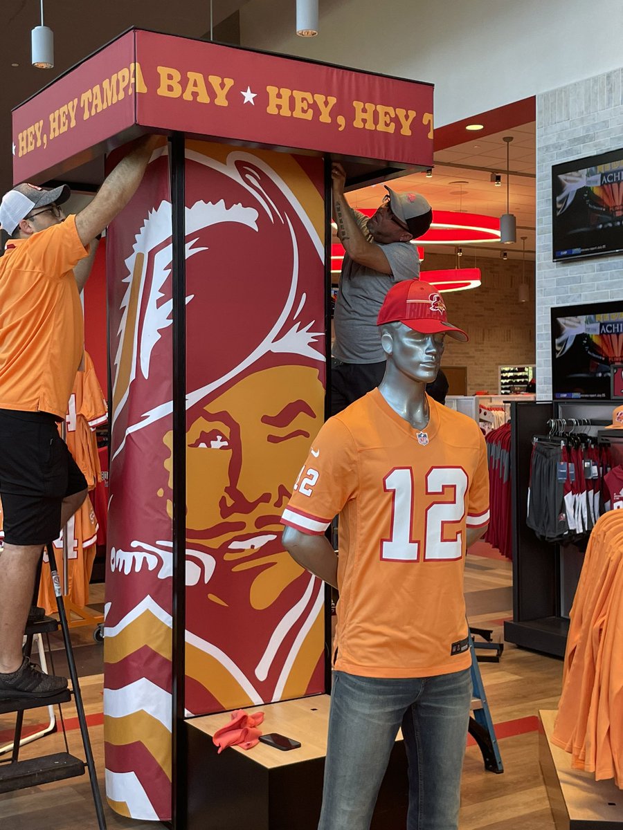 gregauman's tweet photo. Here’s first look at Bucs’ throwback orange Creamsicle jerseys in team store — they’re selling Brady, Evans, Godwin, White and David. They’ll wear them on Oct. 15 vs. Lions. https://t.co/AqkK22BWoI