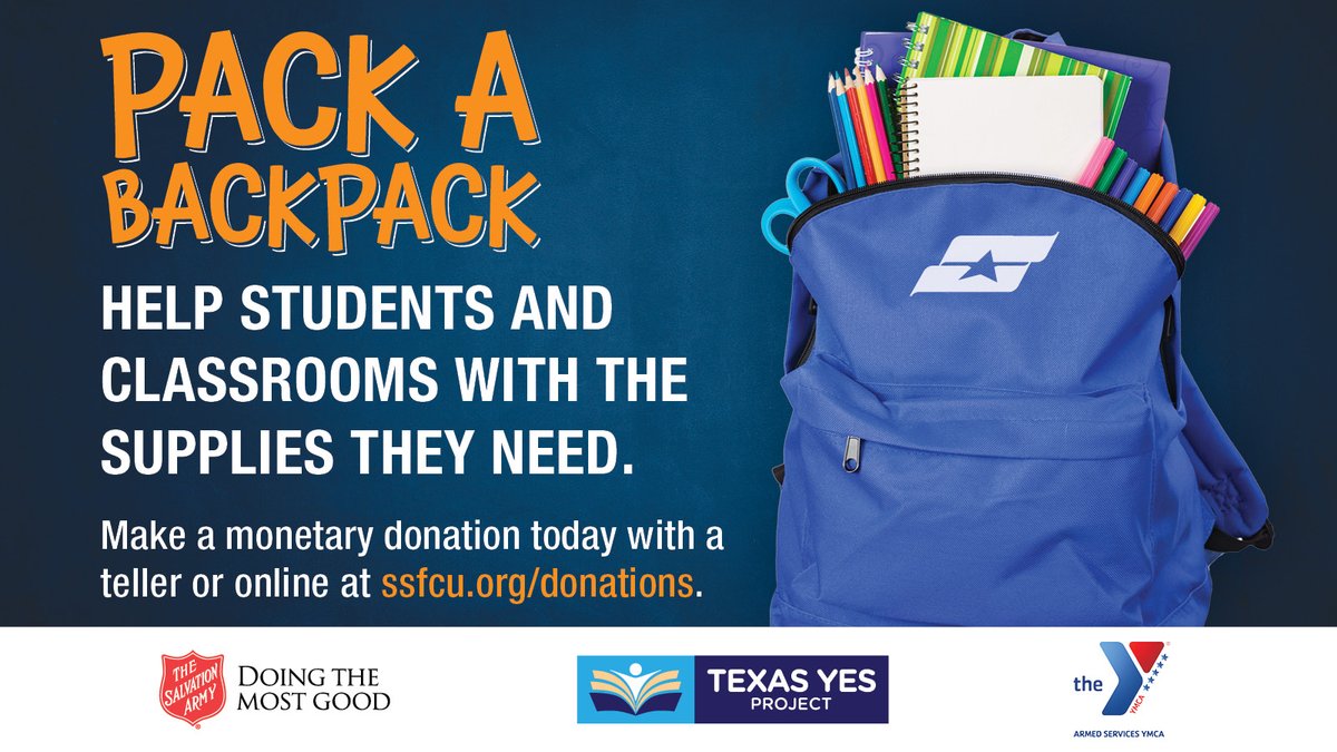 SSFCU's tweet photo. Don’t forget to donate today! Donate now through July 31 at any #SSFCU branch or online at https://t.co/RuJtmQKNiR to help provide students with school supplies for the upcoming year. #PackABackpack https://t.co/zO9Q5g4a1R