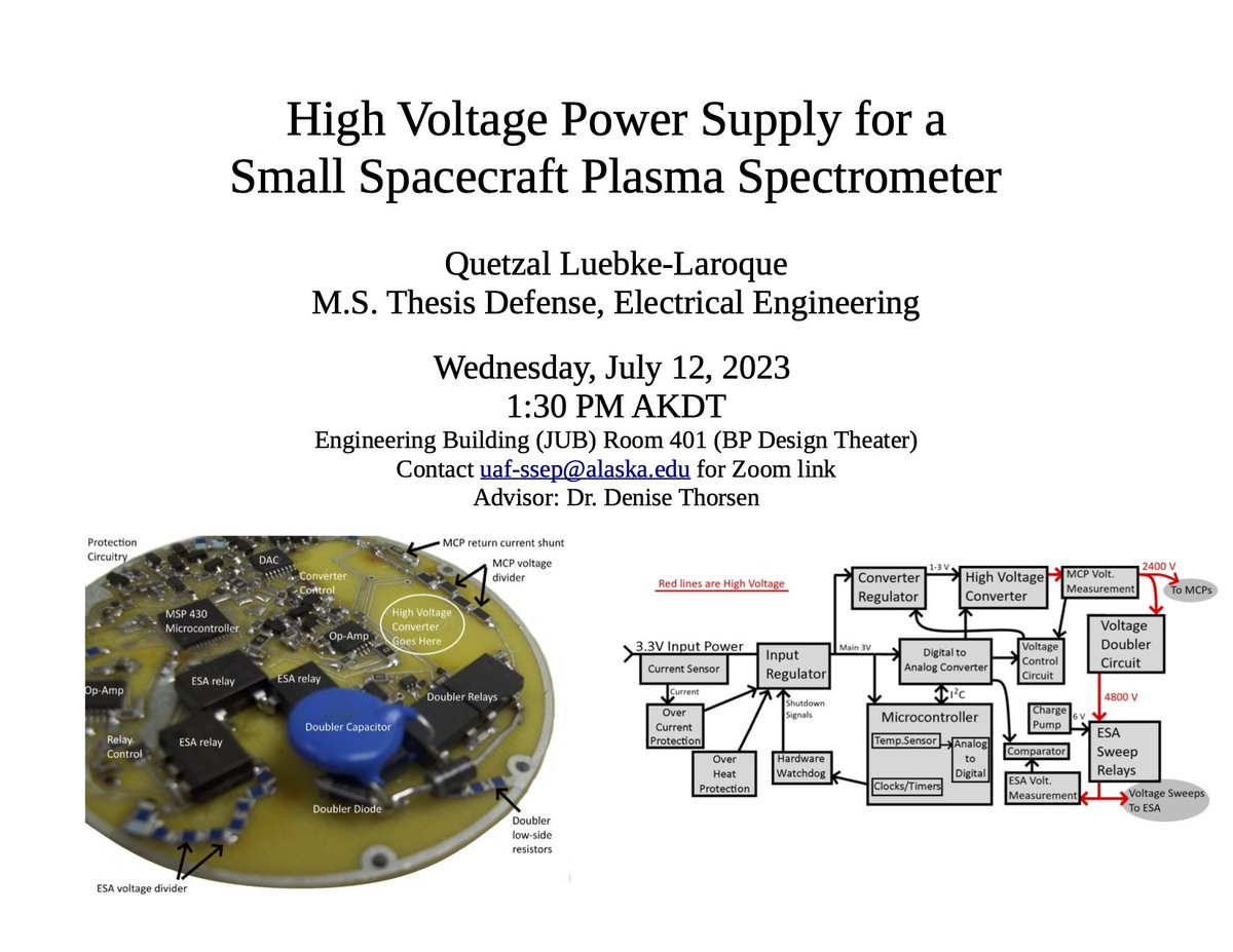 UAFGRAD's tweet photo. TODAY @ 1:30 pm

M.S. Thesis defense: Quetzal Luebke-Laroque, Electrical Engineering

Title: "High Voltage Power Supply for a Small Spacecraft Plasma Spectrometer"

Location: JUB 401 (BP Design Theater) or Zoom (email for link) https://t.co/k4YJLTwIgJ