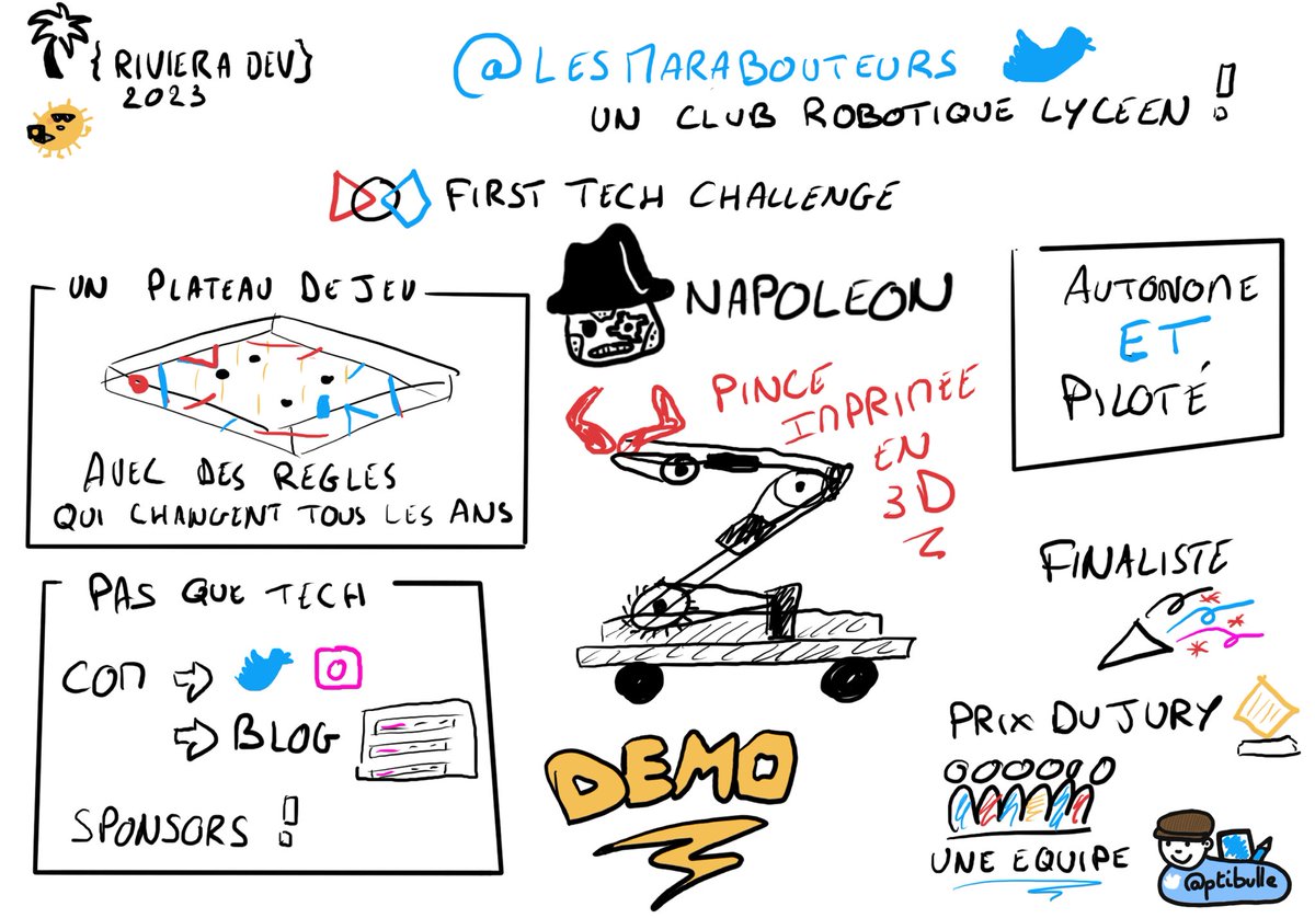 Un club lycéen de robotique en finale du First Tech Challenge France : <a href="/lesmarabouteurs/">Les Marabouteurs</a> à <a href="/RivieraDEV/">Riviera DEV 🌴</a> en #sketchnote 
#RivieraDEV