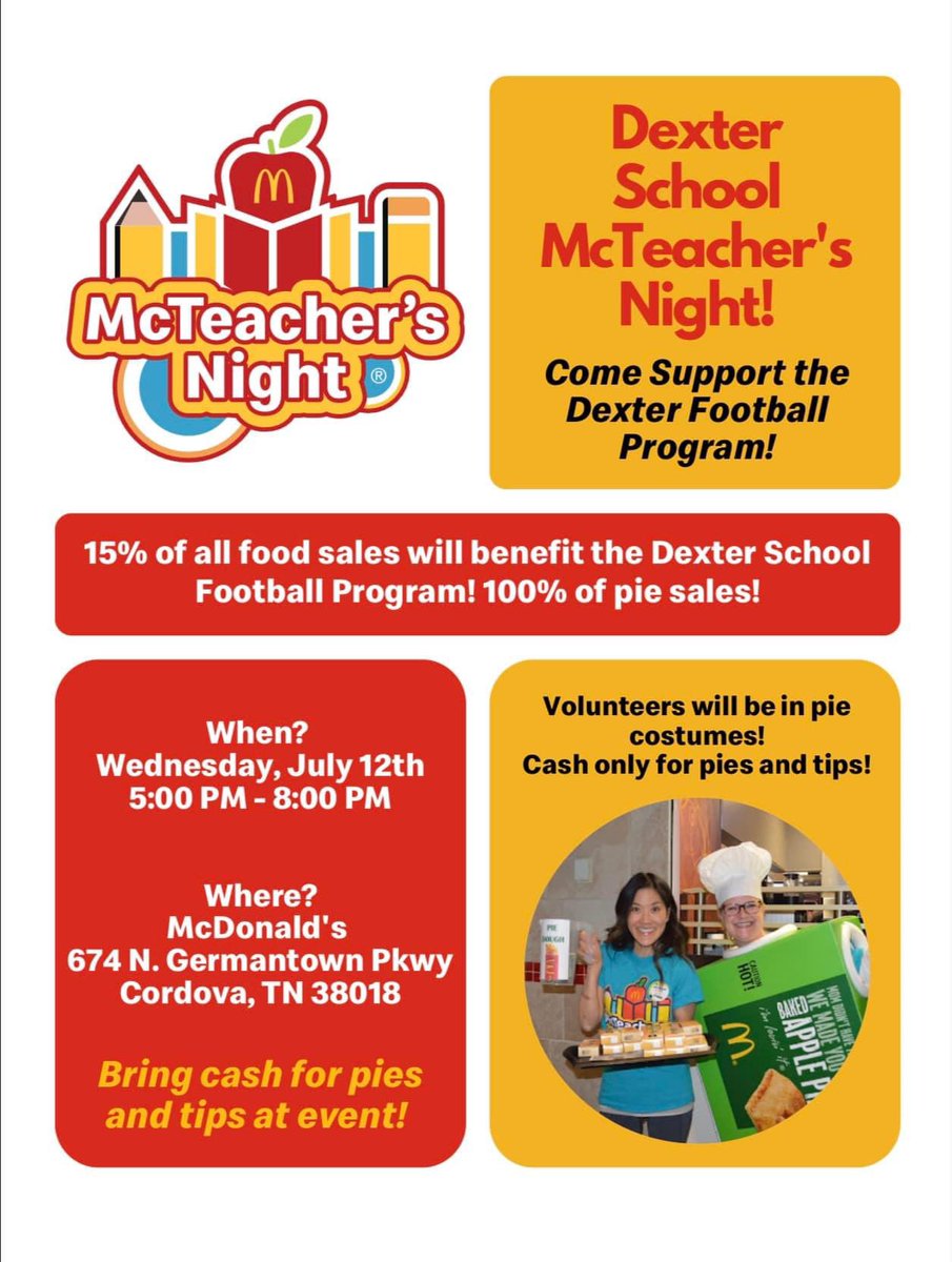 DexterK8MSCS's tweet image. Please come out and support our Dexter Patriots Football Team at their first fundraiser on July 12th from 5p-8p at McDonalds! 🏈 

(McDonalds on Germantown Parkway/Trinity by Urban Air &amp;amp; Kroger)

Hope to see you all there 🎊