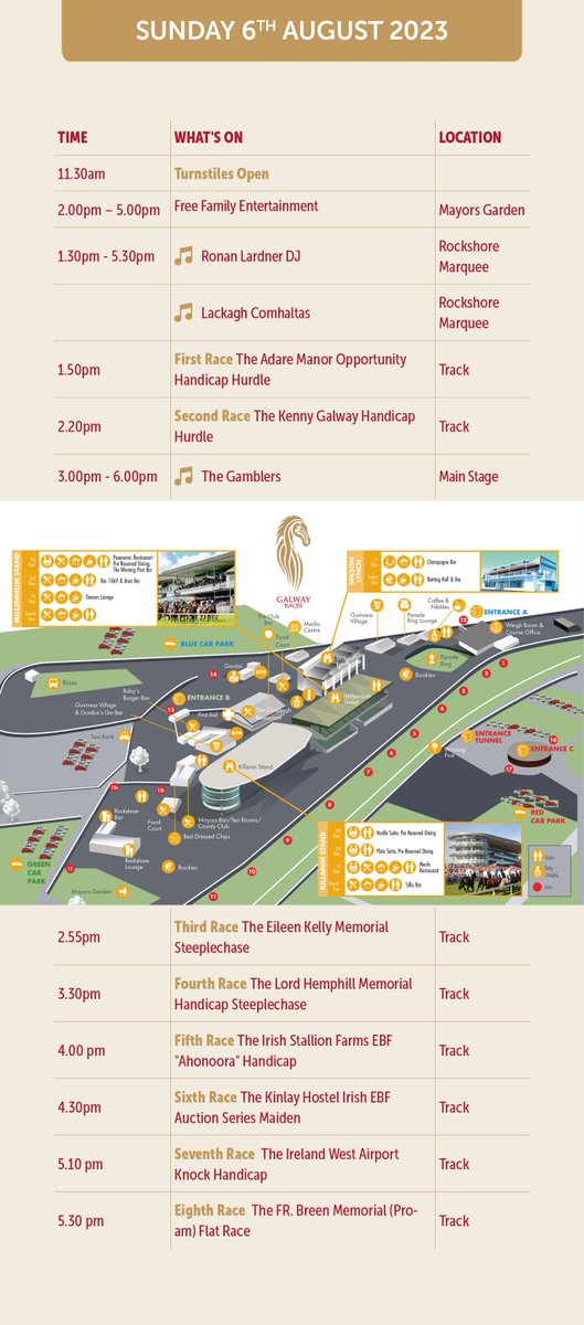 Galway_Races's tweet photo. 🏇TODAYS DAILY OVERVIEW! 🔽
❤️The Schedule for Sunday's Race Day.
#GalwayRaces #RarinToGo https://t.co/gWA6X2XaRQ