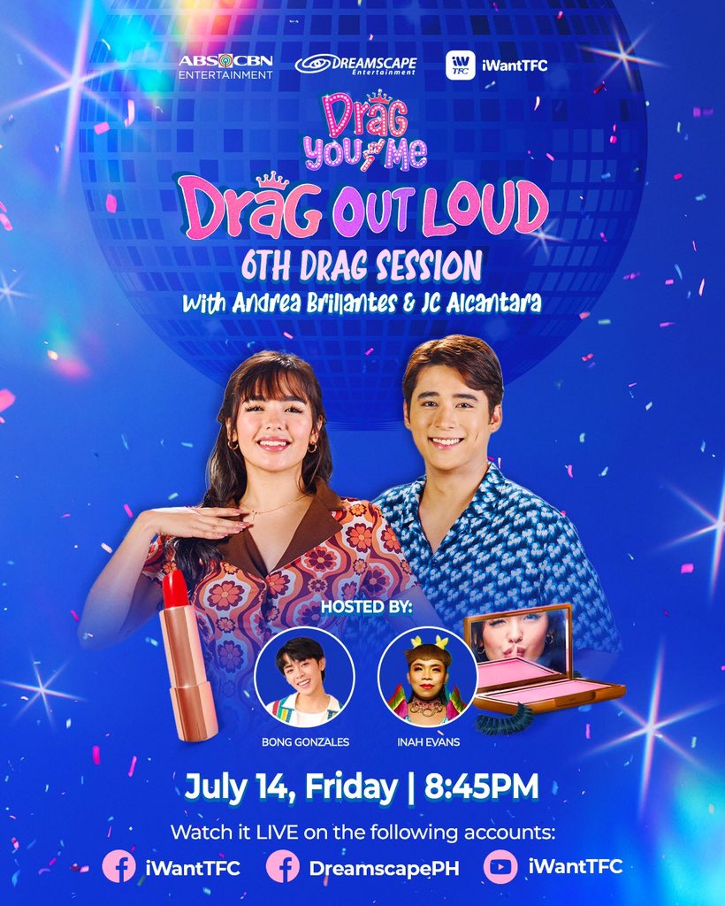 DreamscapePH's tweet photo. Mga mhie! Gagawin nating bonggels ang Friday nyo with Andrea Brillantes and JC Alcantara sa #DragOutLoud!
Watch nyo na 'yan LIVE at 8:45PM on the following accounts! Kita-kits!
#DragYouAndMe https://t.co/RlJsIdeSkZ