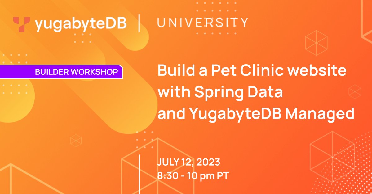 Yugabyte's tweet image. 📢Join us TONIGHT at 8:30pm PT for our workshop &quot;Build a Pet Clinic website with Spring Data &amp;amp; YugabyteDB Managed&quot; &amp;amp; discover how a #SpringData application can utilize the resilience, scalability, &amp;amp; geo-distribution offered by #YugabyteDB.

Register now⬇️ 
hubs.la/Q01Xqjzd0