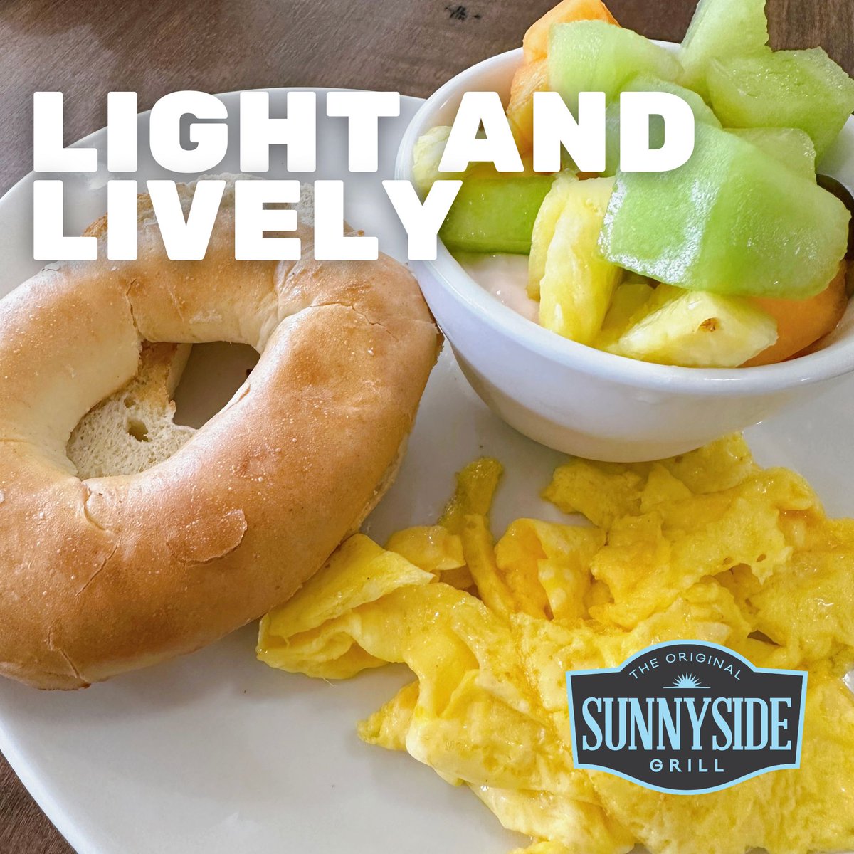 Light and Lively ☀️
1 large egg, toasted bagel or english muffin and fat-free yogurt topped with  fresh fruit #sunnysidegrill