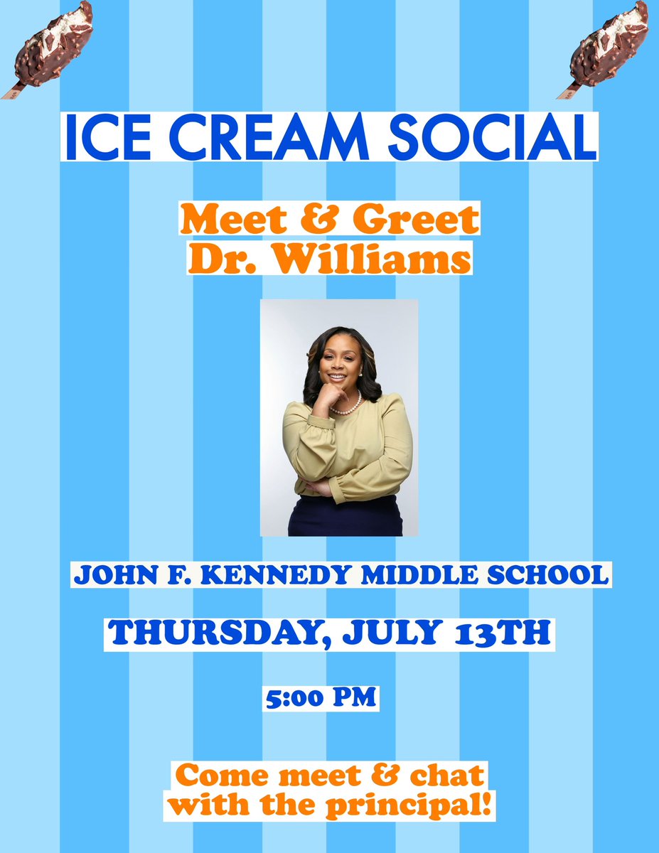 JFKennedyMNPS's tweet photo. Calling all JFK students and families: come out to JFK tomorrow, Thursday, July 13th, at 5pm. 

You will have the opportunity to meet our new Executive Principal, Dr. Williams! https://t.co/6zP1XqVpOx