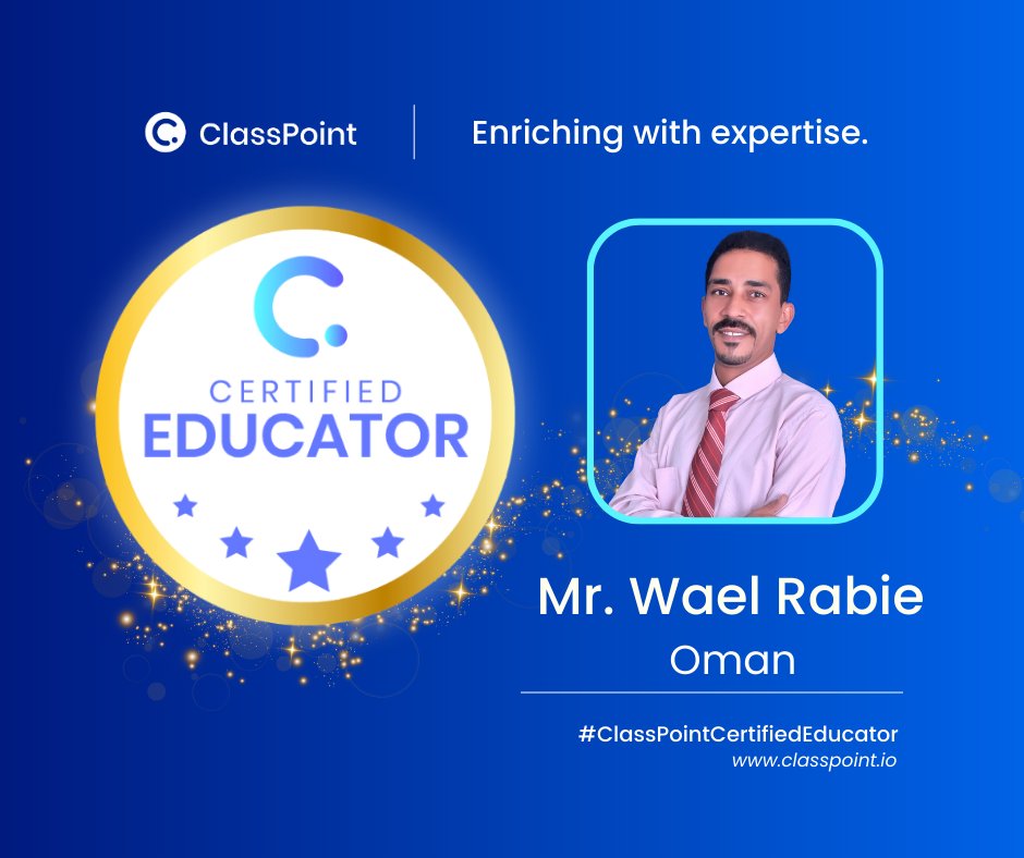 WaelRabie83's tweet photo. وتتوالى الانجازات نتيجة شغفي لكل جديد في مجال👨💻التكنولوجيا الرقمية واستخدامها في العملية التعليمية👨💻تم حصولي على لقب مدرس معتمد من كلاسبوينت #ClassPointCertifiedEducator👨💻
@ClassPointMENA @mery092 @heba_a_sar @MicrosoftEDU #Classpoint #microsoft #MIEExpert https://t.co/0hzRNbE4l2