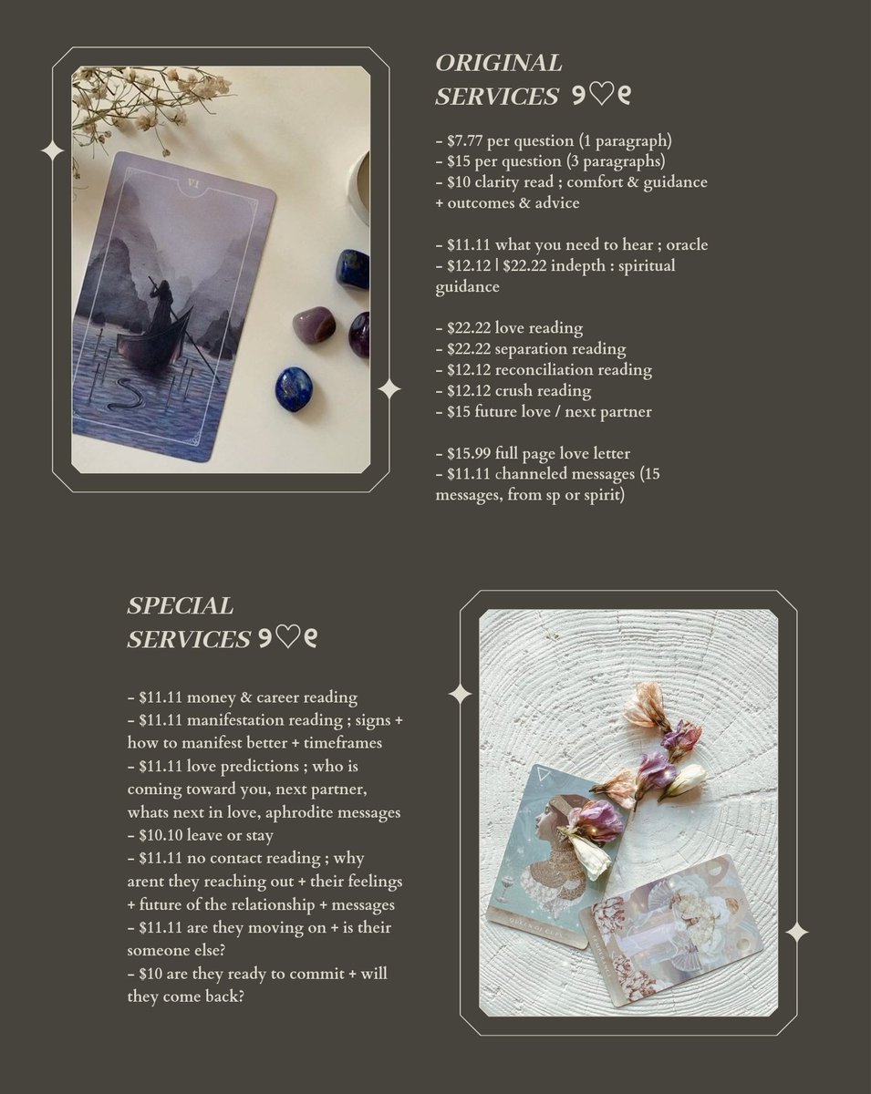 crystaInoir's tweet photo. — [♡] ; welcome! ☁️

here are my intuitive services (tarot &amp; oracle &amp; channeling) + spellwork prices!

dm to book with me . . . https://t.co/tEuYTk974t