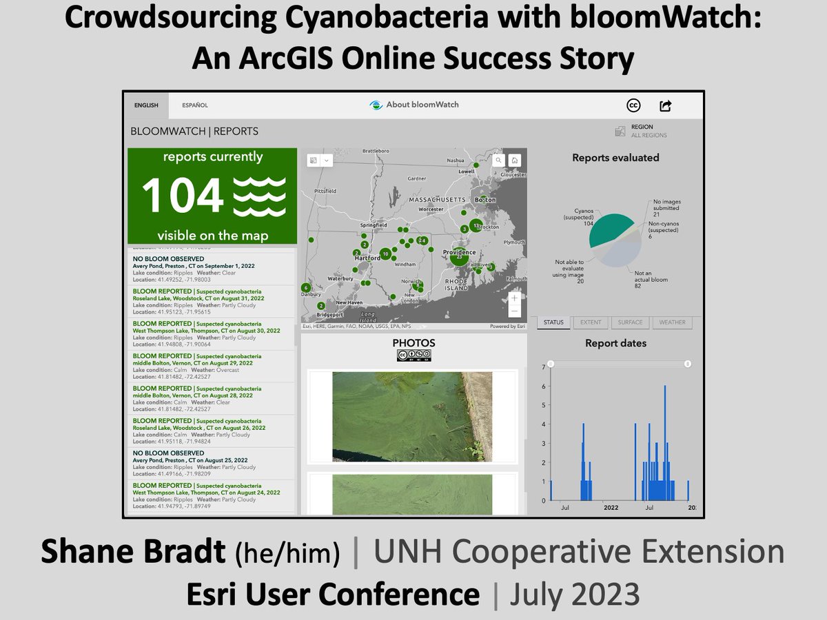 LimnoShane's tweet photo. I get it's early on Wed morning, and it's FAR away from most other #EsriUC2023 rooms, but I DARE you to make your way to 28d at 9:00am to learn about my work at @UNHExtension with @CyanoMon to use @ArcGISOnline for crowdsource mapping of potentially toxic cyanobacteria in lakes. https://t.co/fXQkvSdNFq