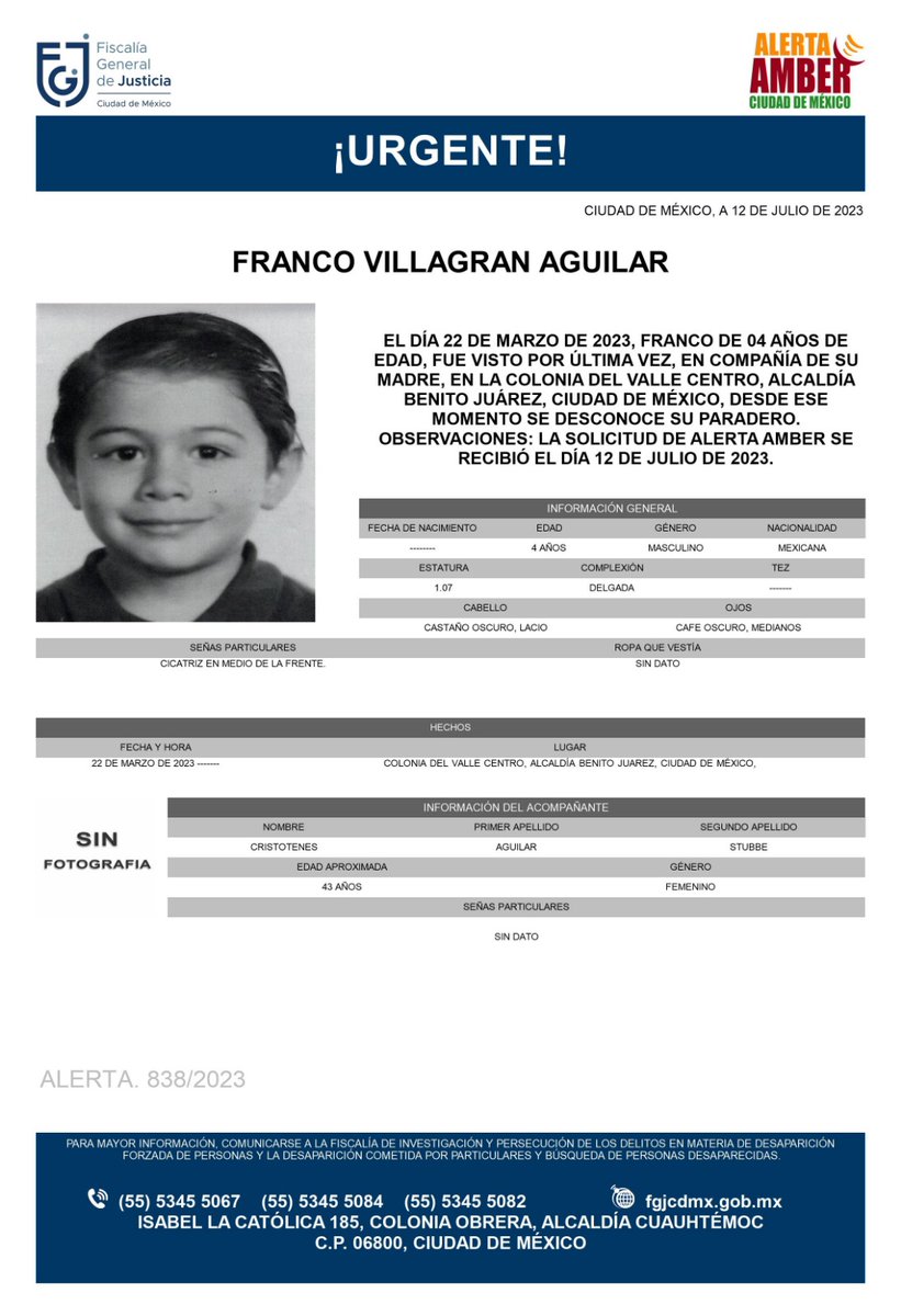 FiscaliaCDMX's tweet photo. Se activa #AlertaAmber para localizar al menor de 04 años de edad, de nombre Franco Villagrán Aguilar, fue visto por última vez, el día 22 de marzo de 2023 en la colonia Del Valle, alcaldía Centro https://t.co/dCC3JeIfBn