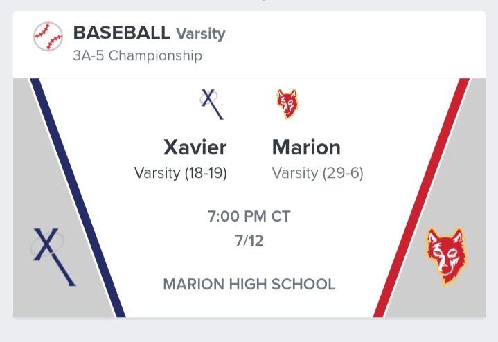 Bound Iowa (@bound_ia_) on Twitter photo π 3A-5 Championship π
βΎ Xavier Saints π Marion Wolves
π
Wednesday, July 12, 2023 - 7:00 PM CT
π Marion High School
πΊ lucky.lvstreamhd.com/baseball
<a href="/XavierSaints/">Xavier High School</a> <a href="/XavierSaintsAD/">Xavier Activities</a>
<a href="/Marion_Activity/">MHS Student Activities</a> <a href="/Marion_Baseball/">Marion Baseball</a> <a href="/MarionREDnation/">REDNation</a> <a href="/Marion_Wolves/">Marion High School</a> π 3A-5 Championship π
βΎ Xavier Saints π Marion Wolves
π
Wednesday, July 12, 2023 - 7:00 PM CT
π Marion High School
πΊ lucky.lvstreamhd.com/baseball
<a href="/XavierSaints/">Xavier High School</a> <a href="/XavierSaintsAD/">Xavier Activities</a>
<a href="/Marion_Activity/">MHS Student Activities</a> <a href="/Marion_Baseball/">Marion Baseball</a> <a href="/MarionREDnation/">REDNation</a> <a href="/Marion_Wolves/">Marion High School</a>