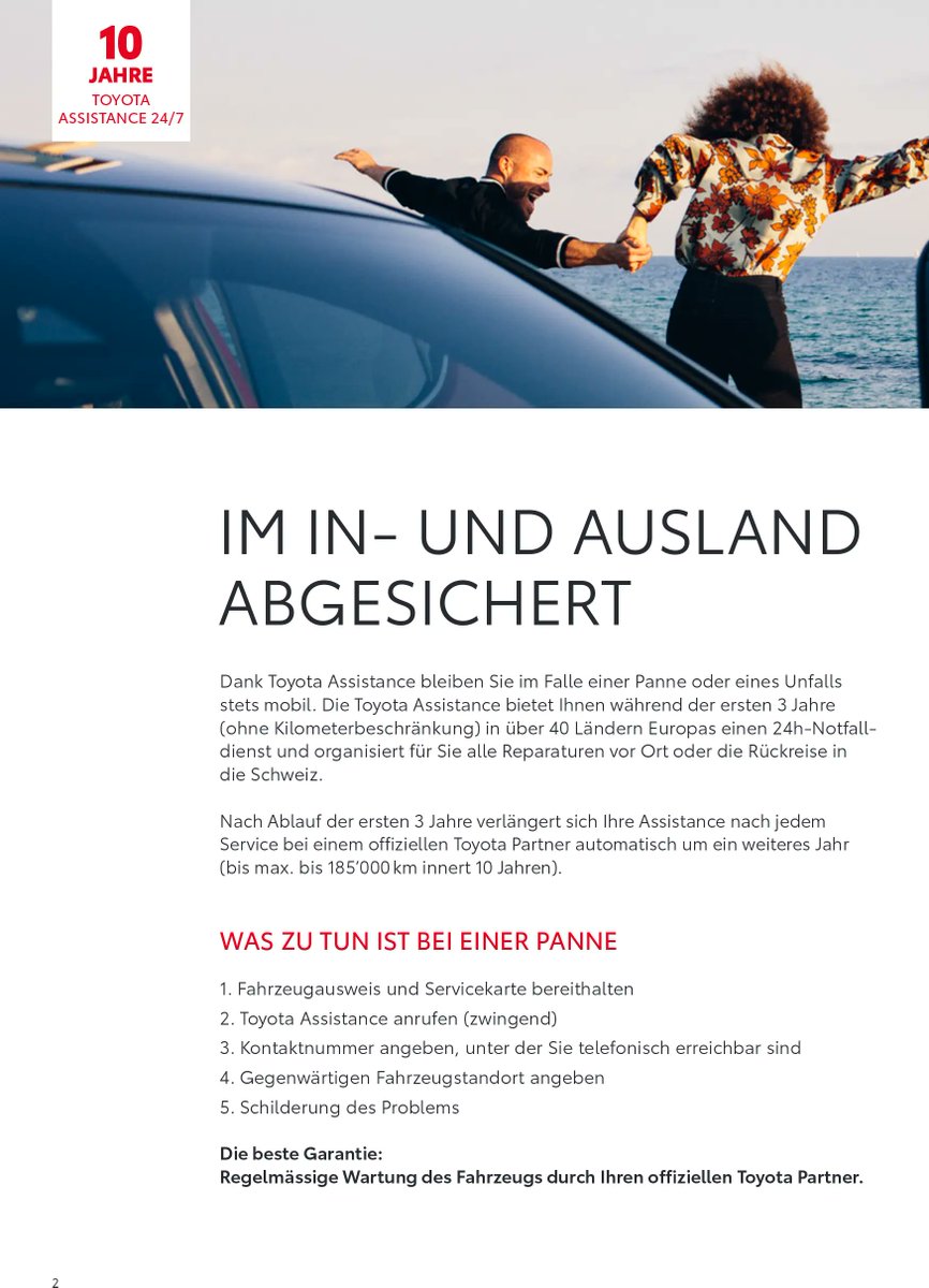 AutohausSFAG's tweet photo. IM IN- UND AUSLAND ABGESICHERT 

Die Toyota #Assistance bietet Ihnen während der ersten 3 Jahre (ohne  Kilometerbeschränkung) in über 40 Ländern Europas einen  24h-Notfalldienst und organisiert für Sie alle Reparaturen vor Ort oder  die Rückreise in die Schweiz. https://t.co/utmAMshzyq