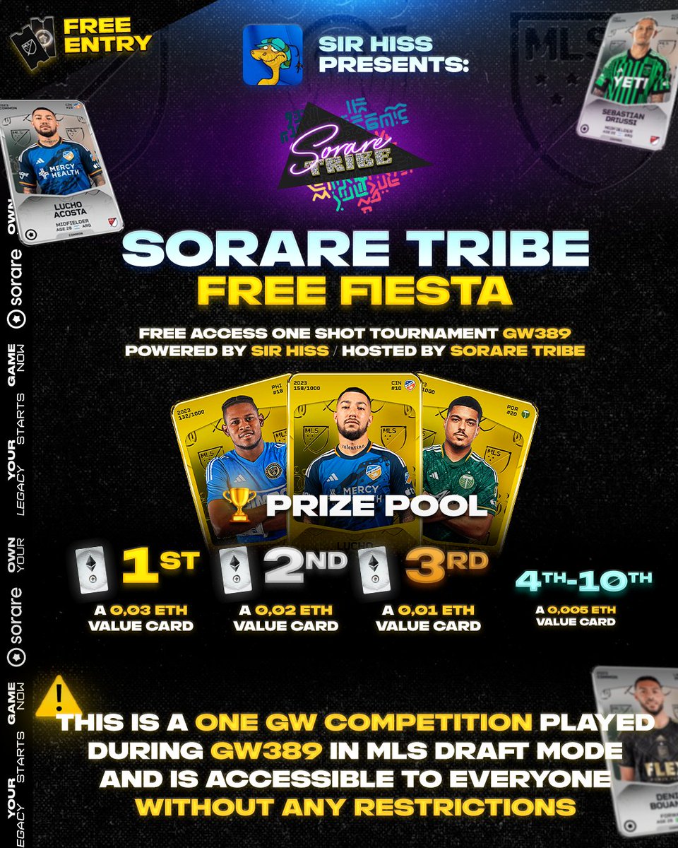SirHiss_'s tweet photo. 🕺I'm happy to present the 1st edition of the Free Fiesta, in collaboration with the Sorare Tribe 🕺

a COMPLETELY FREE and OPEN tournament with tons of REWARDS 🔥

Tournament code: UJ49KH 
Join us #GW389!

⬇️ https://t.co/U66bex6wlE