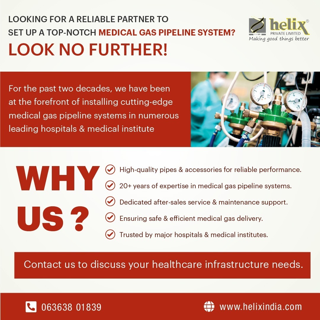 Looking for a reliable partner to set up a top-notch medical gas pipeline system? Look no further!

Call- 063638 01839 or
Visit- helixindia.com

#MedicalGasPipeline #HealthcareInfrastructure #ReliablePartner #TopNotchQuality #SafeAndEfficient #CuttingEdgeTechnology