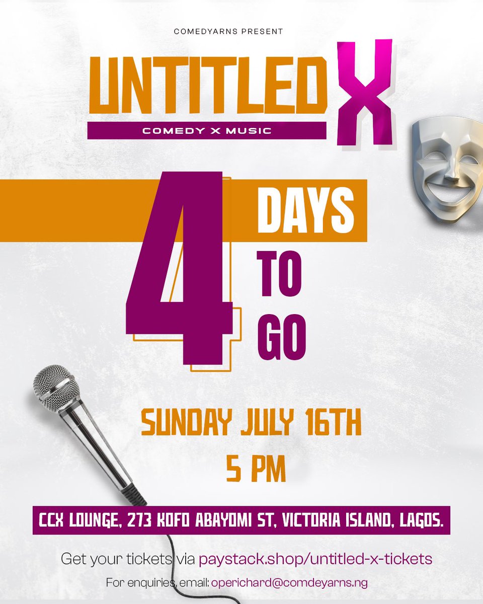 Untitled_cbns's tweet photo. 4 days to go guys!!
UntitledX - July 16th, Lagos Nigeria.
Comedy and Music by The New School
-
Get your tickets via the link in our bio
See you soon!!
#UntitledX #UntitledLagos #UntitledCBNS https://t.co/AYmlgCHh1l