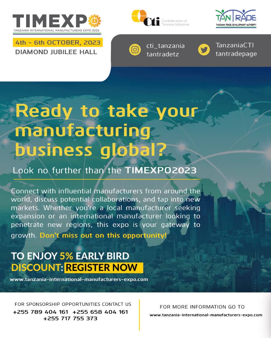 Confederation of Tanzania Industries (CTI) (@tanzaniacti) on Twitter photo .<a href="/TanzaniaCTI/">Confederation of Tanzania Industries (CTI)</a> Ready to take your manufacturing business globalโ
๐กNetwork with industry peers, discover products of leading suppliers & get the latest insights from business experts from across the world.
Be an early bird & Register here; โฆ-international-manufacturers-expo.com
#TIMEXPO2023 .<a href="/TanzaniaCTI/">Confederation of Tanzania Industries (CTI)</a> Ready to take your manufacturing business globalโ
๐กNetwork with industry peers, discover products of leading suppliers & get the latest insights from business experts from across the world.
Be an early bird & Register here; โฆ-international-manufacturers-expo.com
#TIMEXPO2023