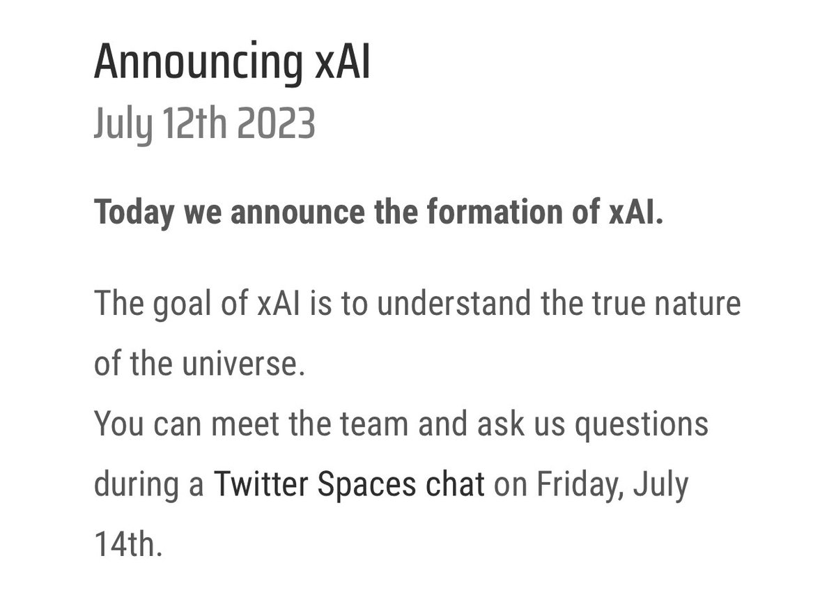 xDaily's tweet photo. NEWS: Twitter announces the formation of xAI.
 You can meet the team and ask them questions during a Twitter Spaces chat on Friday, July 14th. https://t.co/SncRU5vihu