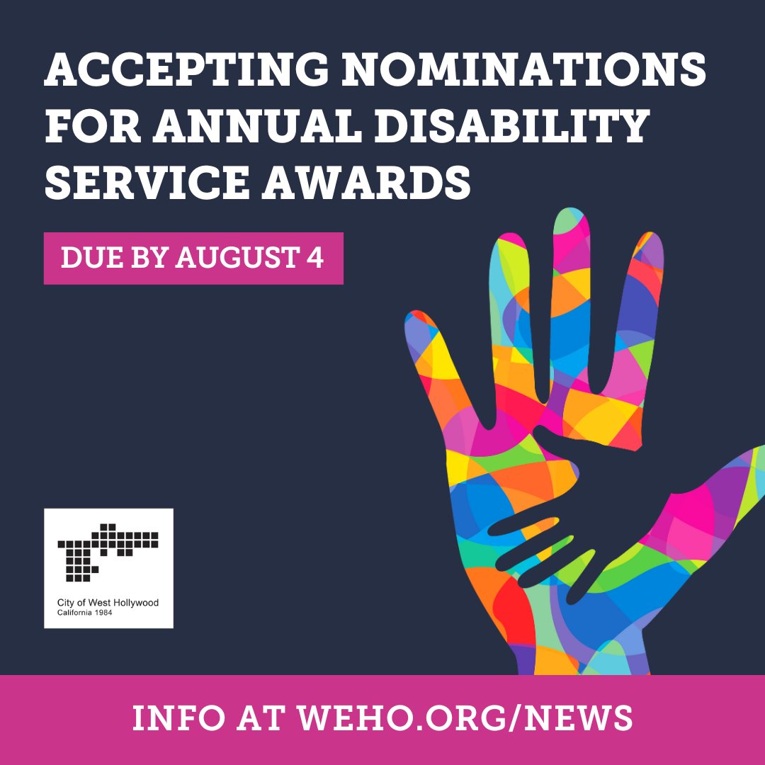 📣 We are excited to announce that nominations for the annual Disability Service Awards have been opened.

Help us recognize individuals, businesses, the media, &amp; nonprofit organizations for the work they’ve done for people living with disabilities.

ℹ️ go.weho.org/44mjAeN