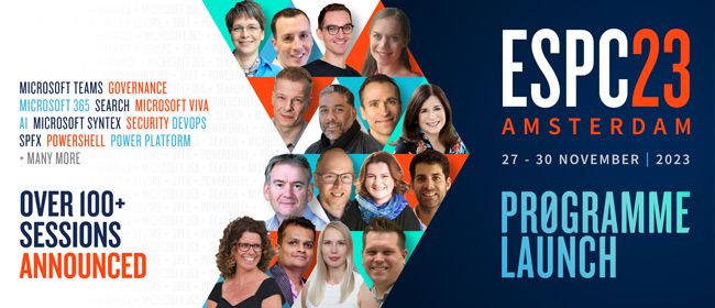The ESPC tutorials will cover #Microsoft365, #PowerApps, #MicrosoftTeams, #VisualStudioCode, #MicrosoftIdentifyPlatform, #Azure Management, #ChatGPT, #MicrosoftPurview, #Security, #Infrastructure, #MicrosoftSyntex and #MicrosoftViva. sharepointeurope.com/conference/sch…