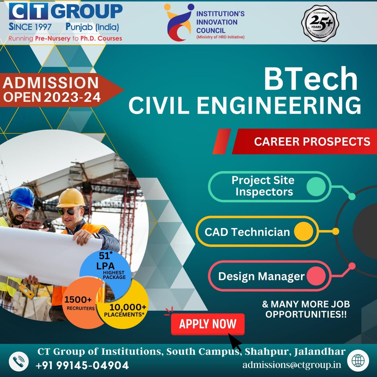 CTGroupshahpur's tweet image. What do Bridges, Houses and Skyscrapers have in common? 
They are all built by Civil Engineers!⁣
At CT Group, our #B.Tech Civil Engineering program is designed to equip you with the skills and knowledge to become a professional Civil Engineer. 
#CTGroup #BTechCivilEngineering