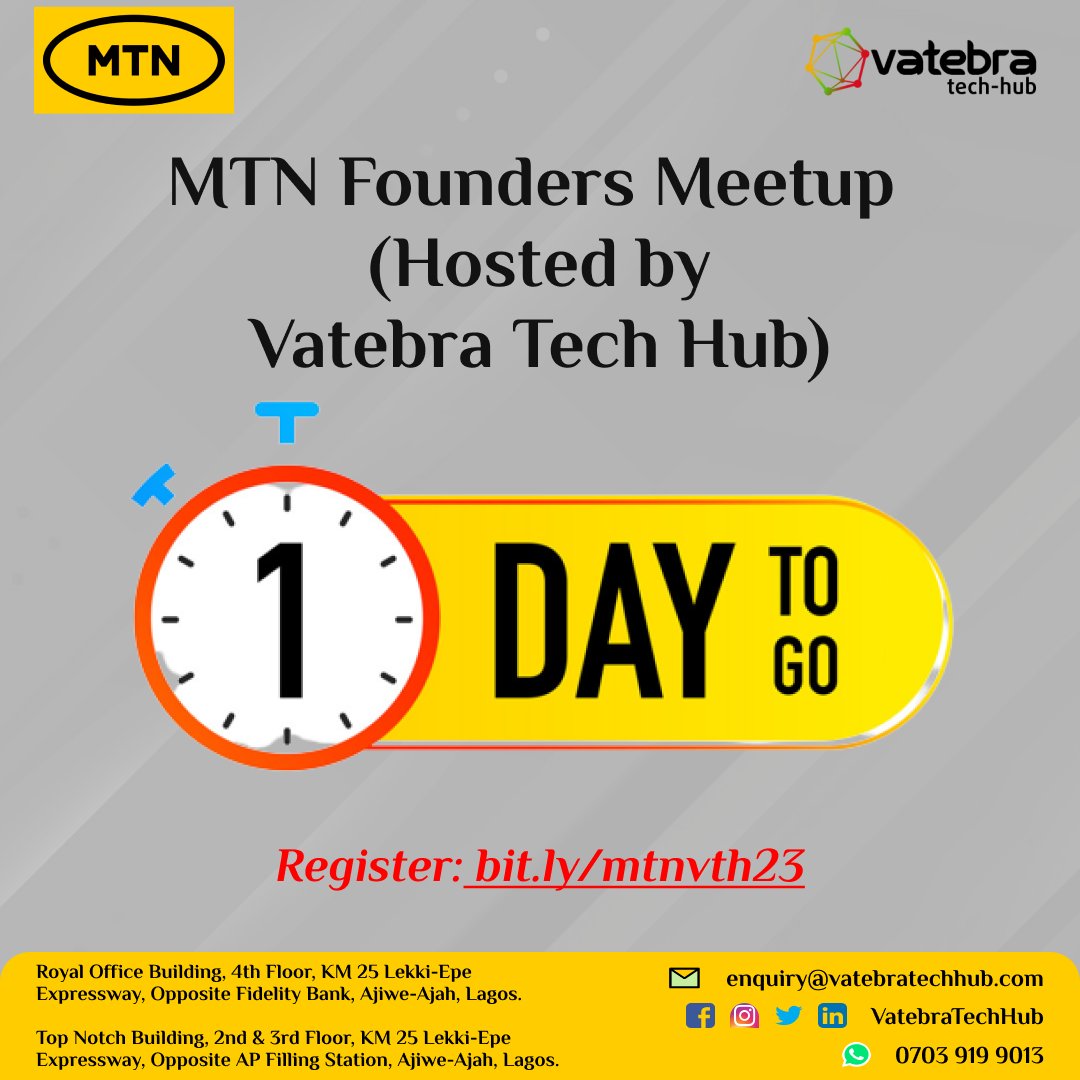 Vatebratechhub's tweet photo. MTN FOUNDERS MEET

DATE: THURSDAY 13TH JULY 2023

TIME: 11AM

REGISTRATION LINK: https://t.co/S5Ilp2WOJ8 https://t.co/BBZaIE29q7