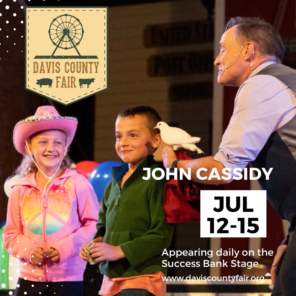 🎩 Prepare to be amazed at John Cassidy's comedy magic show! Join us at the Davis County Fair for an unforgettable experience of laughter and wonder. Today's showtimes are 1:00pm, 4:00pm, and 7:30pm at the Success Bank Stage in the Blue Ribbon Barn. Don't miss out!