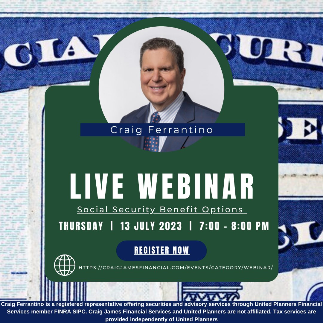 Tune in tomorrow night at 7:00pm EDT for our live webinar presented by Craig Ferrantino!

In this hour-long webinar, Craig will offer real-world strategies and methods for those planning for retirement.

To register for tomorrow's event go to:

craigjamesfinancial.com/event/social-s…