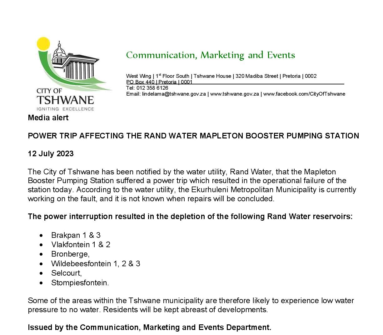 City of Tshwane on Twitter "City of Tshwane has been notified by the