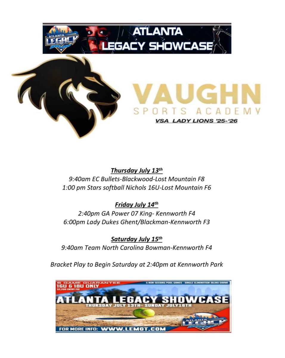 Angeline Mergen (@angelinemergen) on Twitter photo Come watch us Lady Lions 25โ 26โ!
Atlanta Legacy 13th-16th!!@PackSoftball <a href="/LSUsoftball/">LSU Softball</a> <a href="/UWFSoftball/">UWF Softball</a> <a href="/CoachBallMalone/">Cindy Ball-Malone</a> <a href="/FSU_Softball/">Florida State Softball ๐ฅ</a> <a href="/Vol_Softball/">Tennessee Softball</a> <a href="/AppStateSB/">App State Softball</a> <a href="/GaTechSoftball/">Georgia Tech Softball ๐ฅ๐ฅ๐ฅ๐ฅ๐ฅ</a> <a href="/HokiesSoftball/">Virginia Tech Softball</a> <a href="/UGASoftball/">Georgia Softball</a> <a href="/UNCSoftball/">Carolina Softball</a> <a href="/DukeSOFTBALL/">Duke Softball</a> Come watch us Lady Lions 25โ 26โ!
Atlanta Legacy 13th-16th!!@PackSoftball <a href="/LSUsoftball/">LSU Softball</a> <a href="/UWFSoftball/">UWF Softball</a> <a href="/CoachBallMalone/">Cindy Ball-Malone</a> <a href="/FSU_Softball/">Florida State Softball ๐ฅ</a> <a href="/Vol_Softball/">Tennessee Softball</a> <a href="/AppStateSB/">App State Softball</a> <a href="/GaTechSoftball/">Georgia Tech Softball ๐ฅ๐ฅ๐ฅ๐ฅ๐ฅ</a> <a href="/HokiesSoftball/">Virginia Tech Softball</a> <a href="/UGASoftball/">Georgia Softball</a> <a href="/UNCSoftball/">Carolina Softball</a> <a href="/DukeSOFTBALL/">Duke Softball</a>