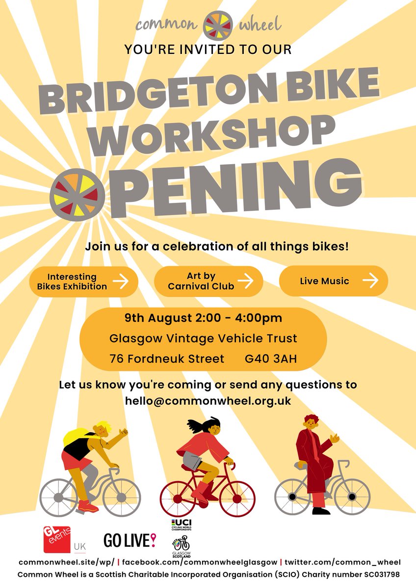 Impact Funding Partners (@impact_funding) on Twitter photo Date for your diary! 📆
The team at <a href="/common_wheel/">Common Wheel</a> are having an Open Day where you can meet staff, participants and #volunteers.
Head along and celebrate the reopening of their Bridgeton workshop and join in the excitement of the <a href="/CyclingWorlds/">2027 UCI Cycling Worlds Haute-Savoie Mont-Blanc</a>
🚲🥳
#volunteers #MentalHealth Date for your diary! 📆
The team at <a href="/common_wheel/">Common Wheel</a> are having an Open Day where you can meet staff, participants and #volunteers.
Head along and celebrate the reopening of their Bridgeton workshop and join in the excitement of the <a href="/CyclingWorlds/">2027 UCI Cycling Worlds Haute-Savoie Mont-Blanc</a>
🚲🥳
#volunteers #MentalHealth