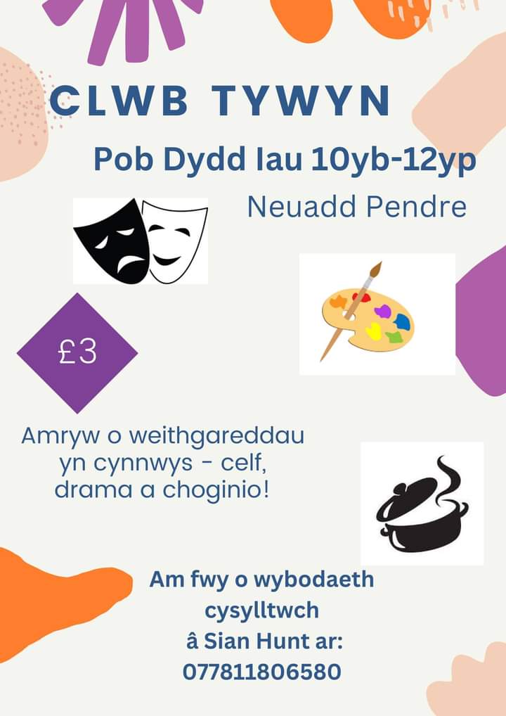 Newyddion cyffroes! Mae Clwb newydd sbon yn cychwyn yn TYWYN fory!!  

Bob bore dydd Iau yn Neuadd Pendre am 10:00 o'r gloch.  

Cysylltwch a Sian Hunt am fwy o wybodaeth
<a href="/CyngorGwynedd/">Cyngor Gwynedd</a> #tywyn