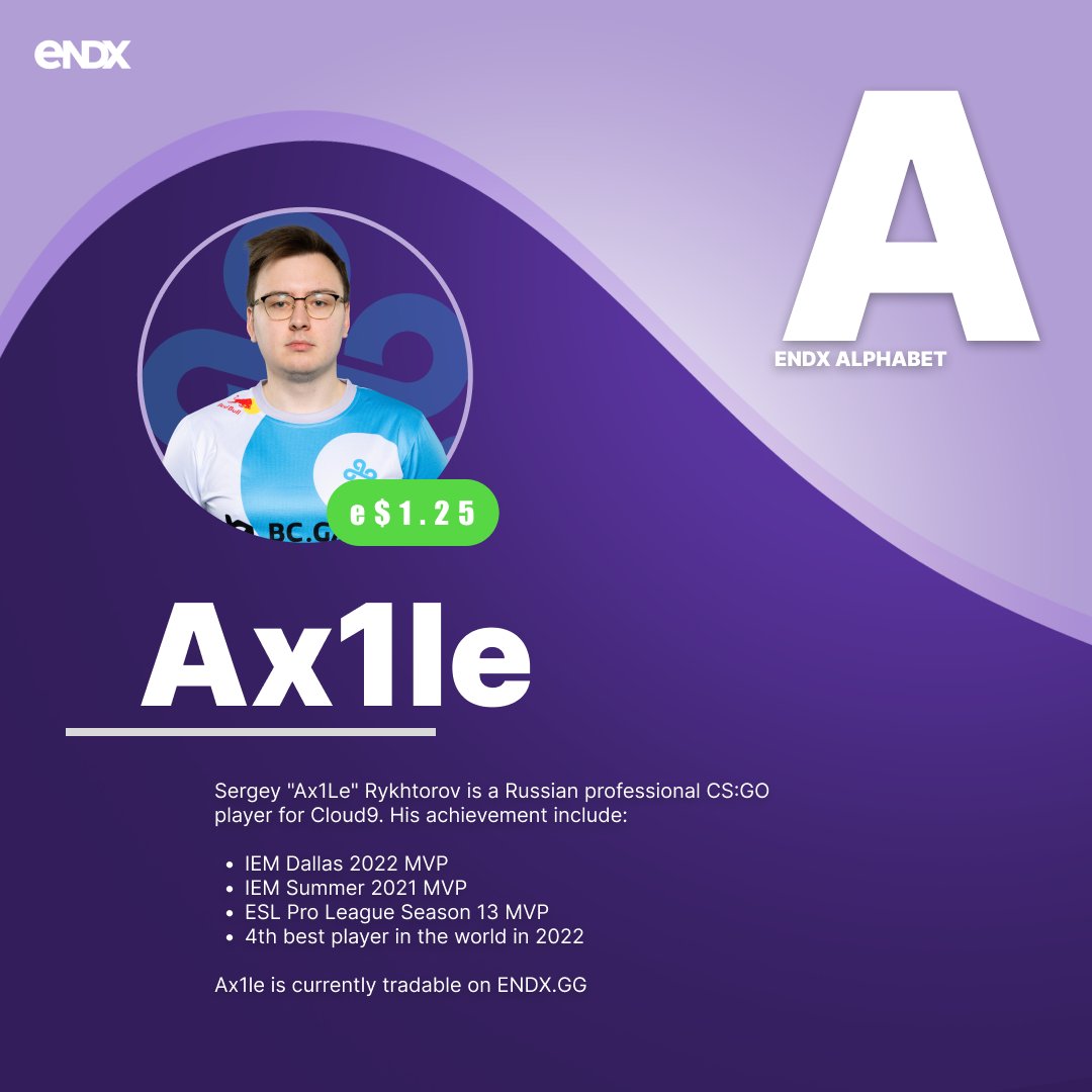 A is for <a href="/Ax1LeGOD/">Ax1Le</a>, the <a href="/C9CSGO/">Cloud9 CS</a> Rifler ⌐╦╦═─

From precise aim to relentless aggression, Ax1Le dominates the server with every shot. Celebrate his unrivaled skill and game changing impact by purchasing his in-game shares on endx.gg 💥