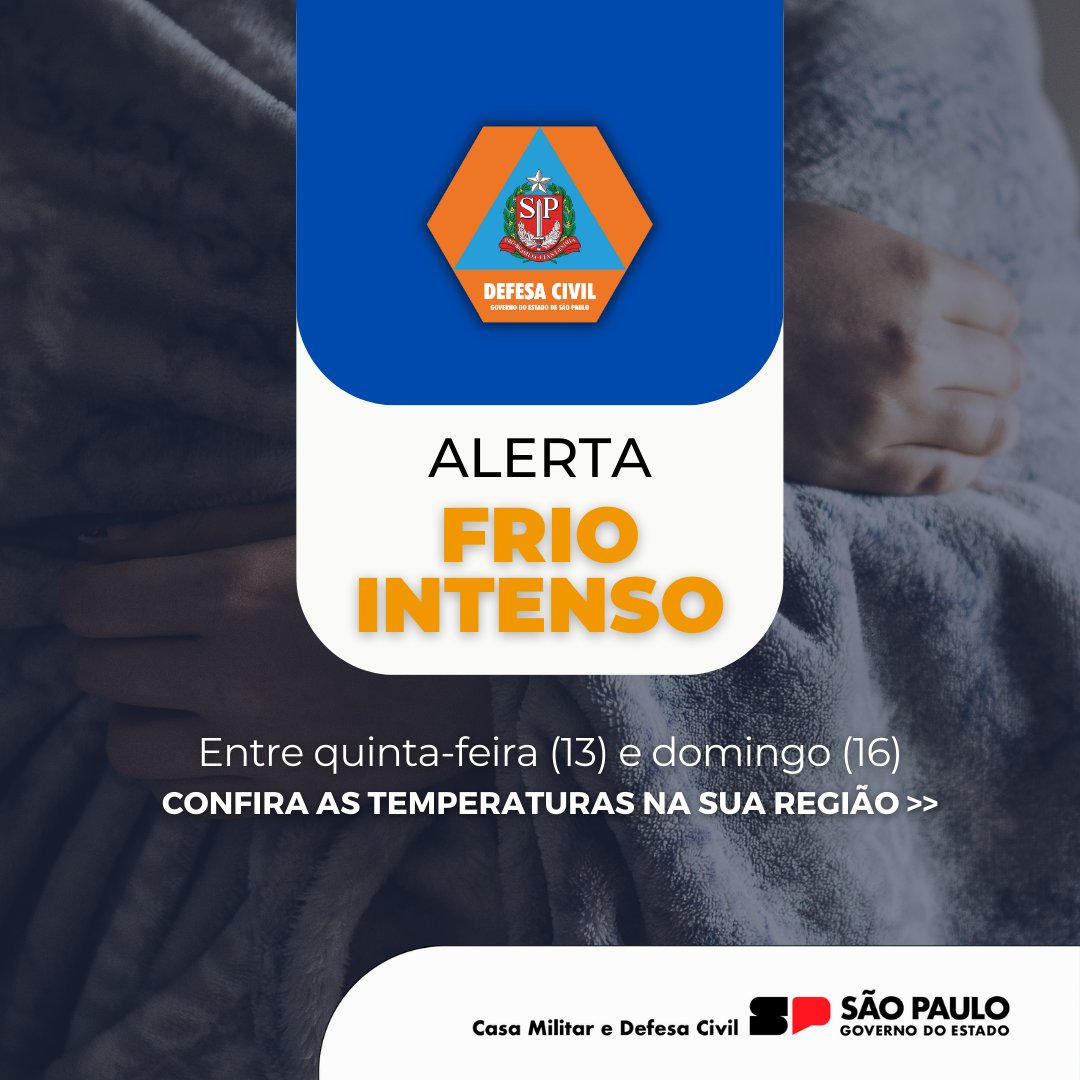 defesacivilsp's tweet photo. A DEFESA CIVIL ALERTA PARA O FRIO INTENSO E FORTES RAJADAS DE VENTO

❄️ Entre os dias 13 e 16 de julho, uma frente fria seguida por uma massa de ar frio trará temperaturas baixas e formação de geada em pontos isolados em todo o Estado. https://t.co/XzH62VQ2dO